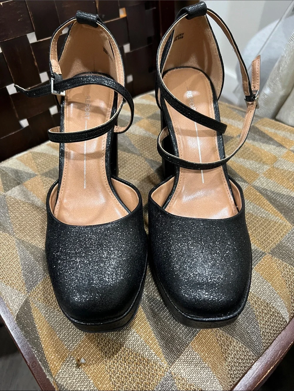Report Black Glitter Platform Mary Jane Block Heels